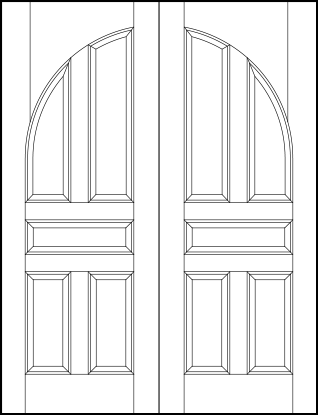 pair of stile and rail interior wood doors with common radius top, four vertical and center horizontal sunken panels