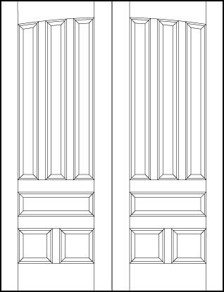 pair of stile and rail interior wood doors with common arch, three vertical top panels and three bottom sunken panels