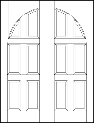 pair of stile and rail interior wood doors with common radius top and six vertical rectangle sunken panels