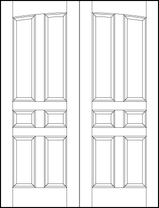 pair of stile and rail interior wood doors with common arch top and six vertical rectangle sunken panels