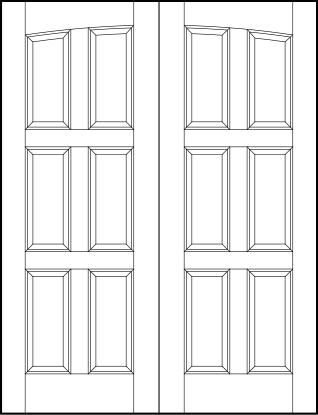 pair of custom panel front entry doors with common arch top and six horizontal equal sunken panels