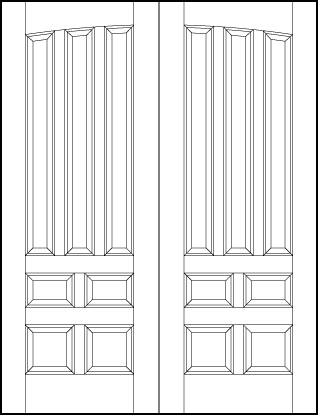 pair of custom panel interior doors with common curved arch, three tall sunken panels and four bottom squares