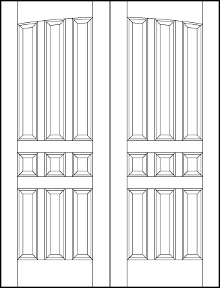 pair of custom panel interior doors with common curved arch, six vertical and three small center square sunken panels