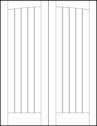 pair of front entry doors with common arch, top and bottom panels with center lines and two outer v-groove lines