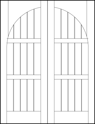 pair of v groove interior doors with common radius arch, barn style look with 15 vertical slat and four horizontal look