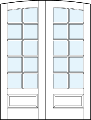 pair of arched interior glass french doors with common arch top, ten square true divided lites and raised panel