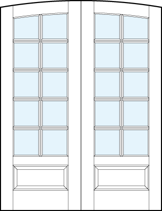 French glass common arch pair front doors with ten square true divided lites, slight rounded top panel arch and raised bottom panel pair