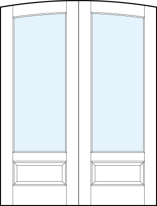 Pair of arched front entry glass french doors with common arch top, one solid glass insert and raised bottom panel