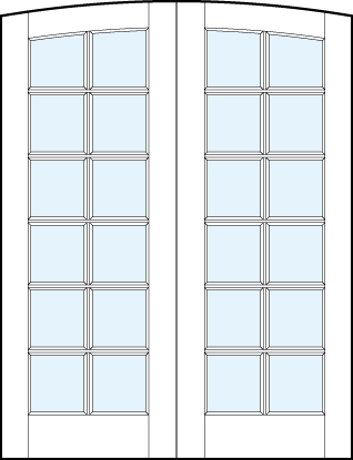 Pair of front entry glass french doors with common arch top and square true divided lites design