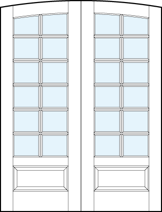 Pair of front entry glass french doors with common arch top, square true divided lites & bottom raised panel