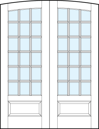 pair of interior glass french doors with common arch top, 18 true divided lites and raised bottom panel