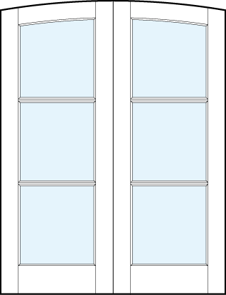 pair of modern interior french doors with common arch top and three horizontal true divided lites