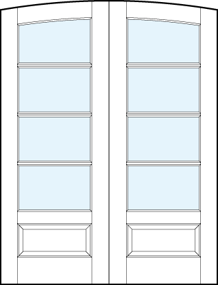 pair of interior glass french doors with common arch top, four horizontal true divided lites & bottom panel