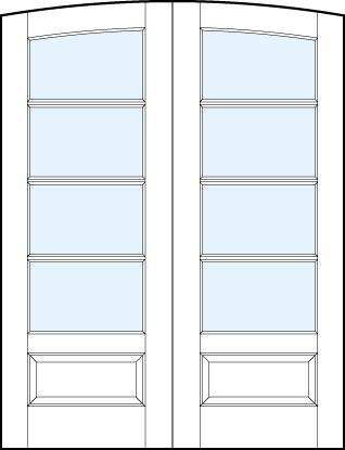 pair of front entry glass french doors with common arch top, four horizontal true divided lites & bottom panel