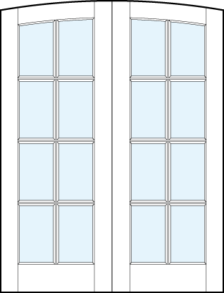 pair of custom interior glass french doors with common arch top and eight true divided lites