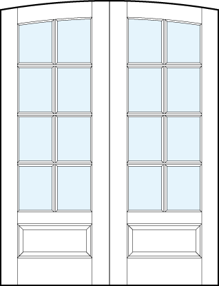 pair of custom interior glass french doors with common arch top, 8 true divided lites and bottom panel