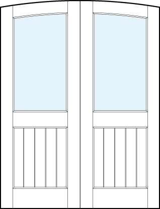 pair of interior panel doors with common arch top, glass top panel and bottom panel with vertical slats