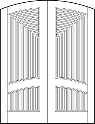 pair of stile and rail interior doors with common arch top and two forced perspective vertical tambour arched panels