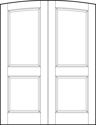 pair of front entry custom panel doors with common arch, two sunken panels, one rectangle and one square on bottom