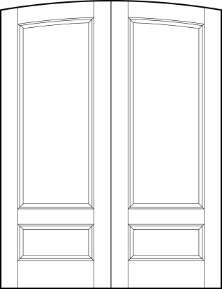 pair of stile and rail interior door with common arch top, top rectangle and small bottom horizontal sunken panels