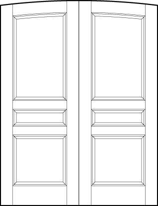 pair of front entry doors with common arch top, square bottom, horizontal center, and top arched rectangle sunken panels