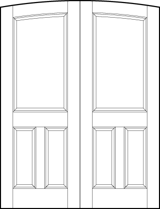pair of stile and rail front entry doors with common arch top, two bottom rectangle panels and large top panel