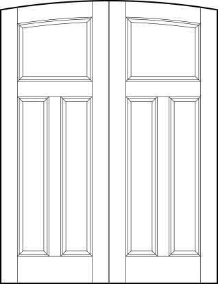 pair of front entry flat panel doors with common arch, curved arch top square and sunken vertical tall bottom rectangles