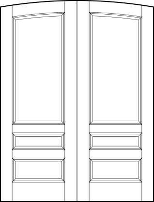 pair of front flat panel doors with common curved arch top, top rectangle, center small and bottom sunken rectangles