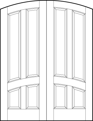 pair of interior flat panel doors with common curved arch top, two tall top and two short bottom arched sunken panels