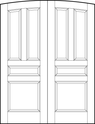 pair of entry flat panel doors with common arch top, tall top panels, horizontal center, and square bottom sunken panels