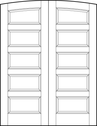 pair of stile and rail front entry wood doors with common arch top and five equally sized sunken panels