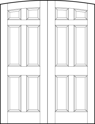 pair of stile and rail front entry wood doors with common arch top, four tall sunken bottom panels and small top squares