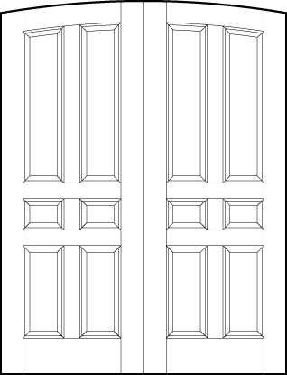 pair of stile and rail front entry wood doors with common arch top and six vertical rectangle sunken panels