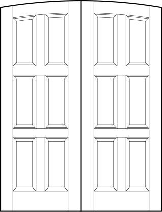 pair of custom panel front entry doors with common arch top and six horizontal equal sunken panels