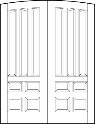 pair of custom panel front entry doors with common curved arch top, three tall sunken panels and four bottom squares
