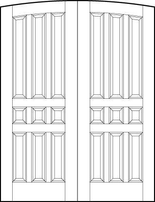 pair of custom panel interior doors with common curved arch top, six vertical and three small square sunken panels