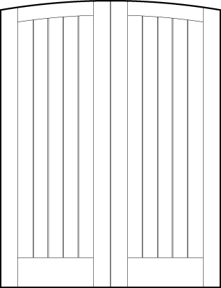 pair of interior doors with common arch top, top and bottom panels with center lines and two outer v-groove lines