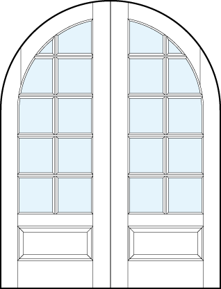 pair of interior glass french doors with common radius top, ten true divided lites and bottom raised panel