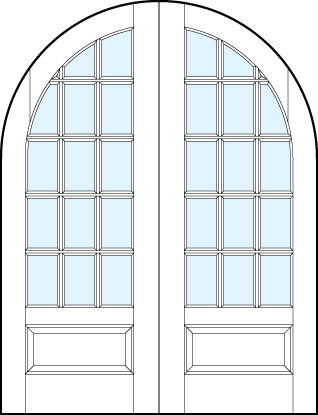 pair of interior french glass doors with common radius top, true divided lites and bottom raised panel