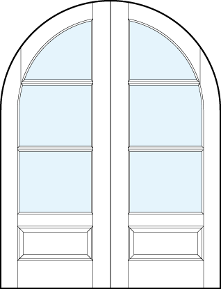 pair of interior french doors with common radius top and three horizontal true divided lites and bottom panel