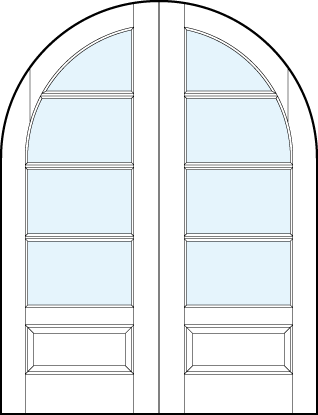 pair of interior glass french doors with common radius top, four horizontal true divided lites & bottom panel