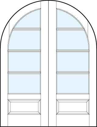 pair of front entry glass french doors with common radius top, four horizontal true divided lites & bottom panel