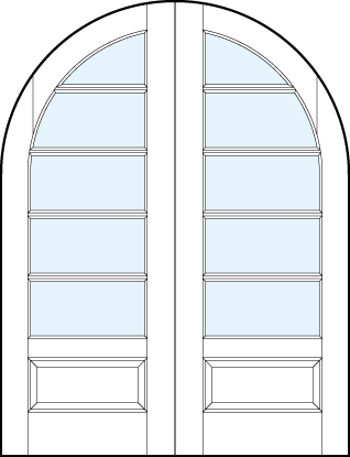 pair of modern interior glass french doors with common radius top and five horizontal true divided lites & bottom panel