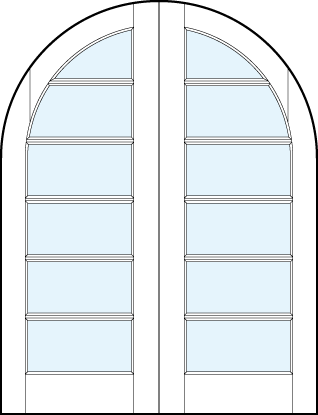 pair of glass center modern interior french doors with common radius top and six horizontal true divided lites