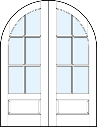 pair of custom interior glass french doors with common radius top, six true divided lites and bottom panel