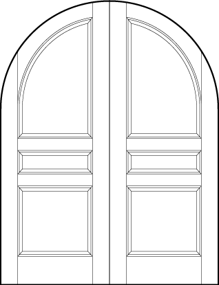 pair of stile and rail front entry doors with half-circle top and two horizontal sunken panels