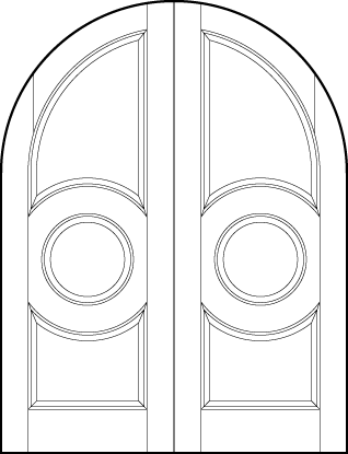 pair of front entry doors with common radius top, center circle panel, and top and bottom arched sunken panels