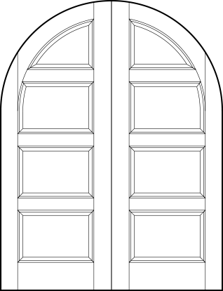 pair of stile and rail front entry wood doors with common radius top and four horizontal panels