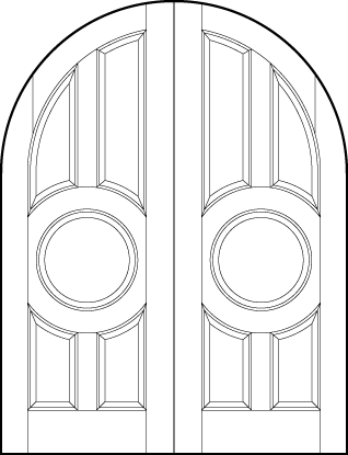 pair of stile and rail interior wood doors with common radius top and four tall arched panels around circle center panel 