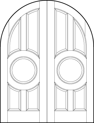 pair of stile and rail entry wood doors with common radius top and four tall arched panels around circle center panel 